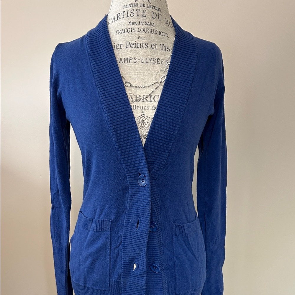 Buttoned V-Neck Cardigan, Blue ( Size Large)